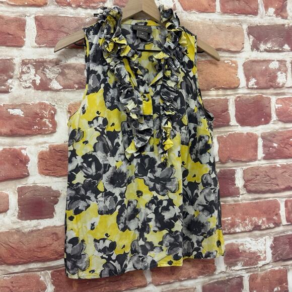 Kenar Top Women's Medium Yellow Multicolor Silk Floral Abstract Ruffle Shirt - Picture 2 of 8